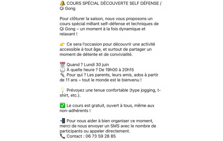 COUR DÉCOUVERTE SELF DÉFENSE / QI-GONG
